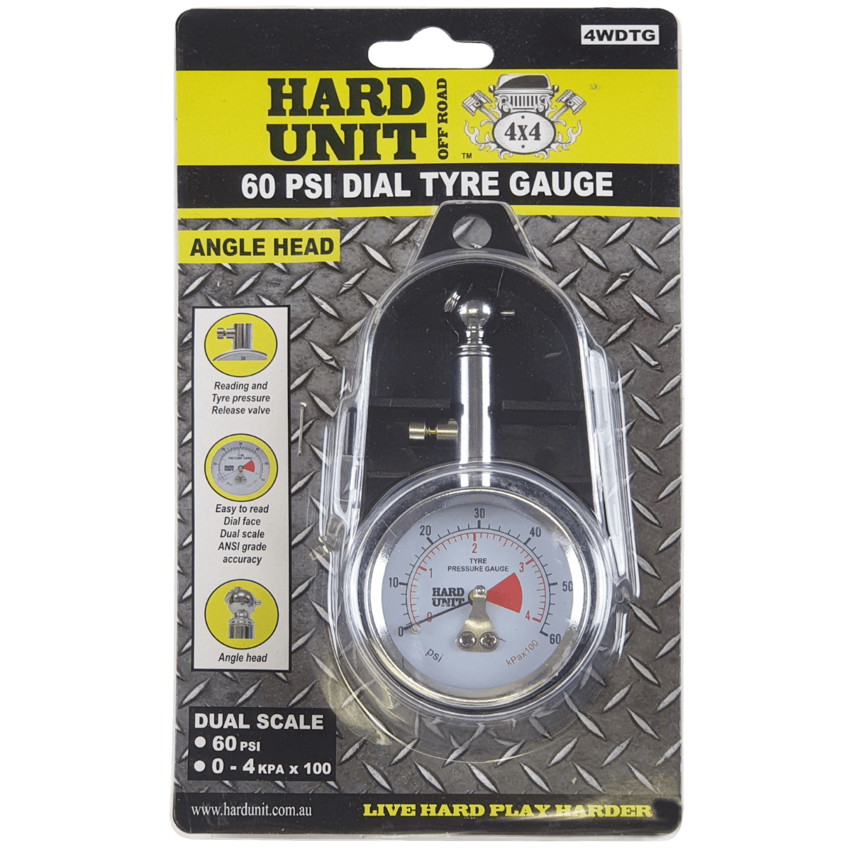 Hard Unit Angle Head Tyre Gauge front of packaging