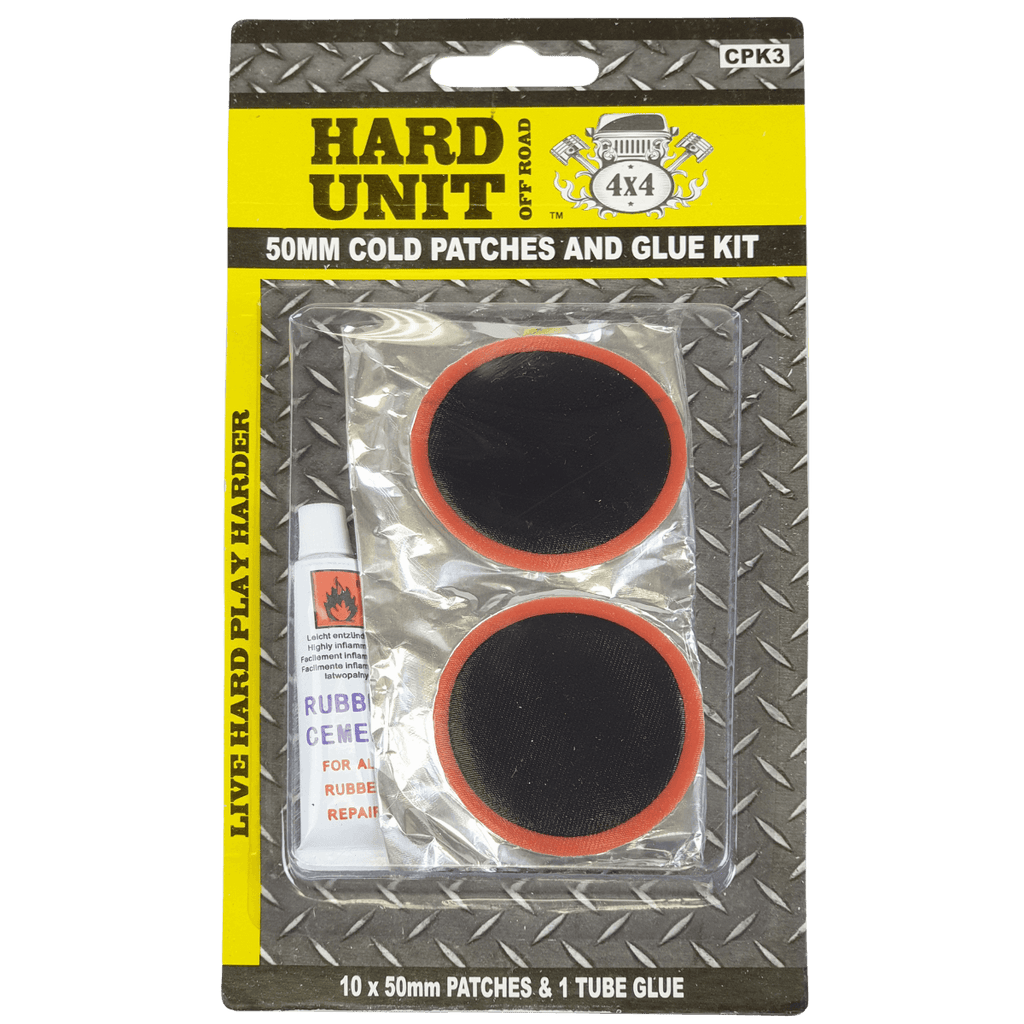 front facing package of cold patches and glue kit