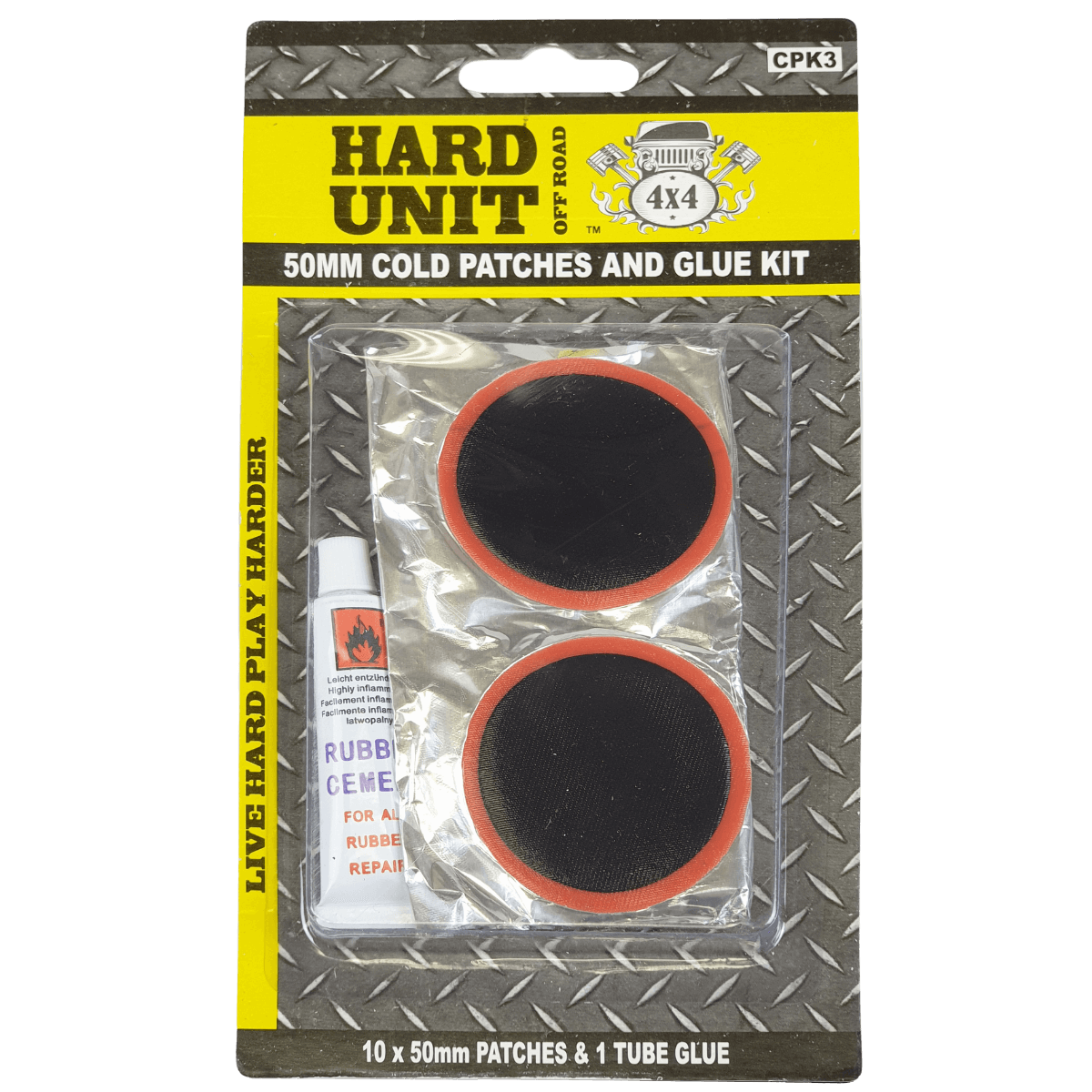 front facing package of cold patches and glue kit