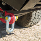 D shackle with yellow pin secured to 4WD rear recovery point.