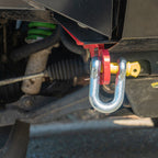 D shackle with yellow pin secured to 4WD rear recovery point.