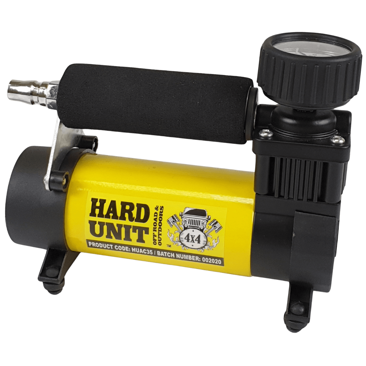 4x4ing air compressor with soft grip handle and gauge reader 