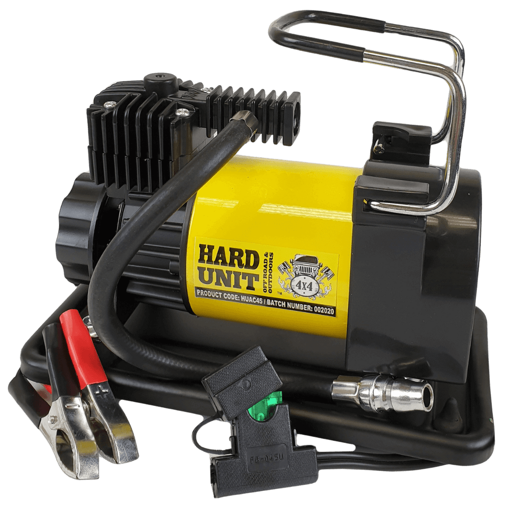 air compressor with battery clamps fuse box and hose with tyre inflator