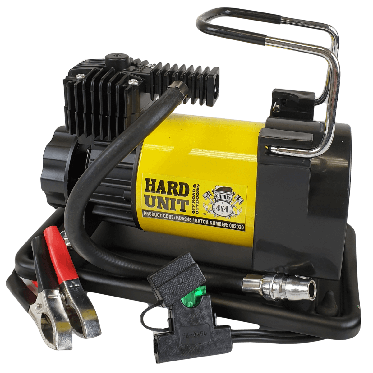 air compressor with battery clamps fuse box and hose with tyre inflator