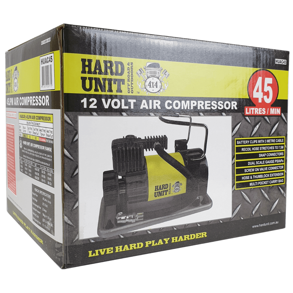 12v air compressor in box angled view 