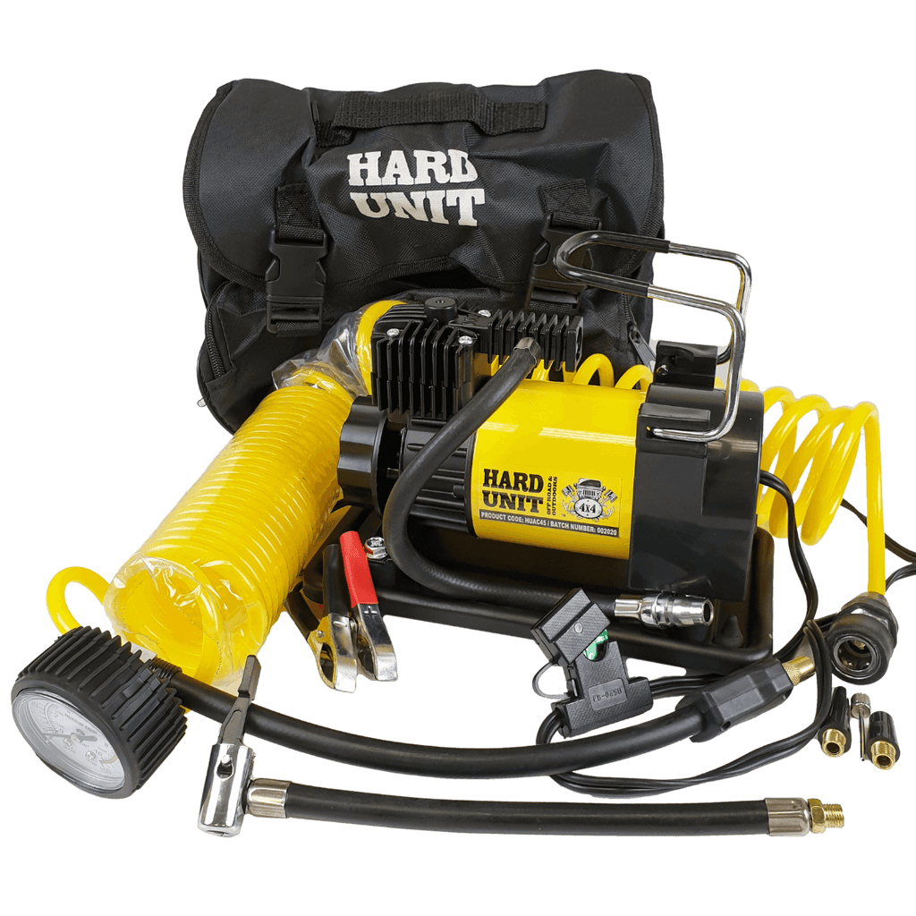 Hard Unit Air Compressor for 4x4ing including coil hoses gauges chucks battery clamps and carrier bag