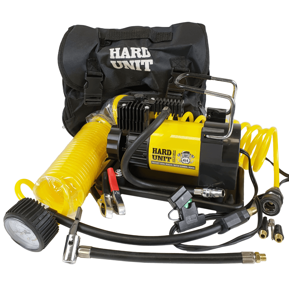 Hard Unit Air Compressor for 4x4ing including coil hoses gauges chucks battery clamps and carrier bag