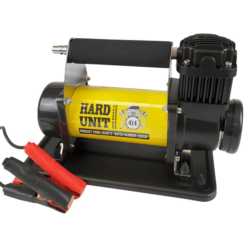 front view of air compressor with battery clamps