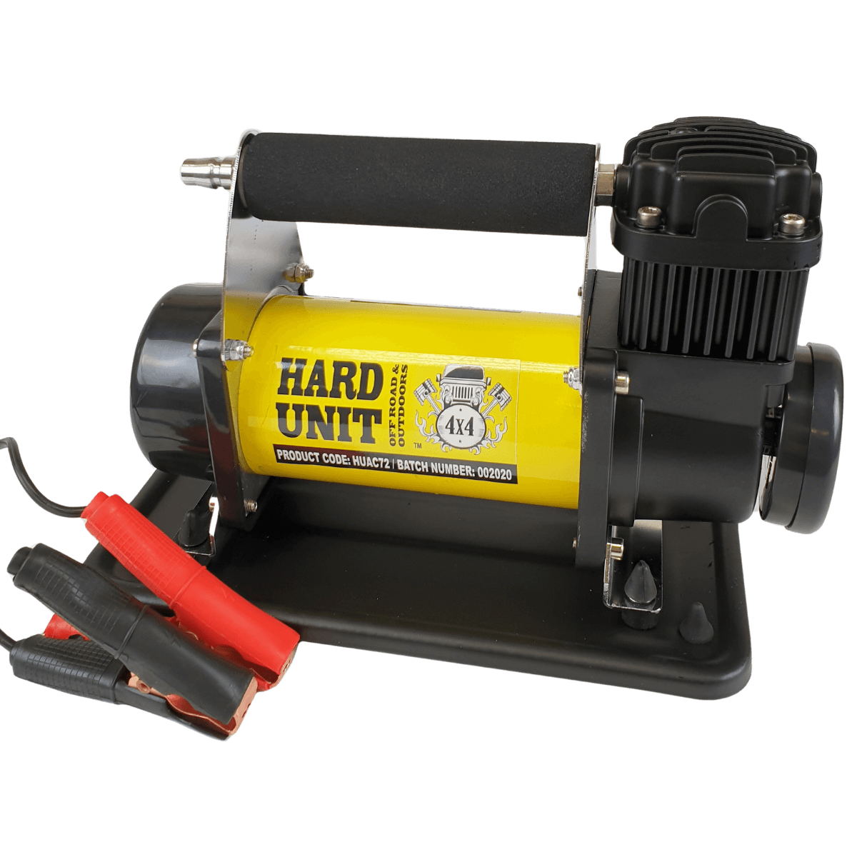 front view of air compressor with battery clamps