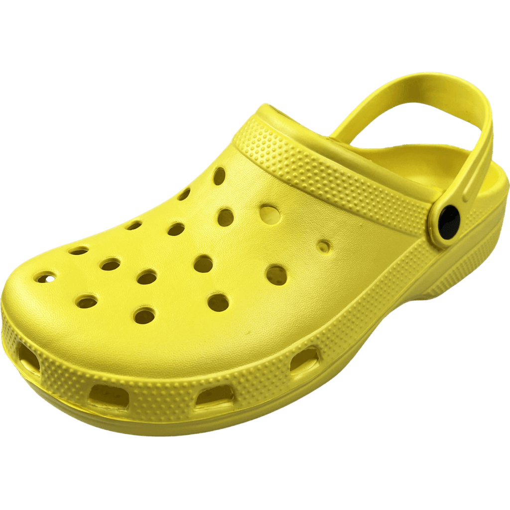 Yellow off-road clogs with ventilation holes and adjustable heel strap for outdoor comfort and durability.