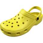 Yellow off-road clogs with ventilation holes and adjustable heel strap for outdoor comfort and durability.