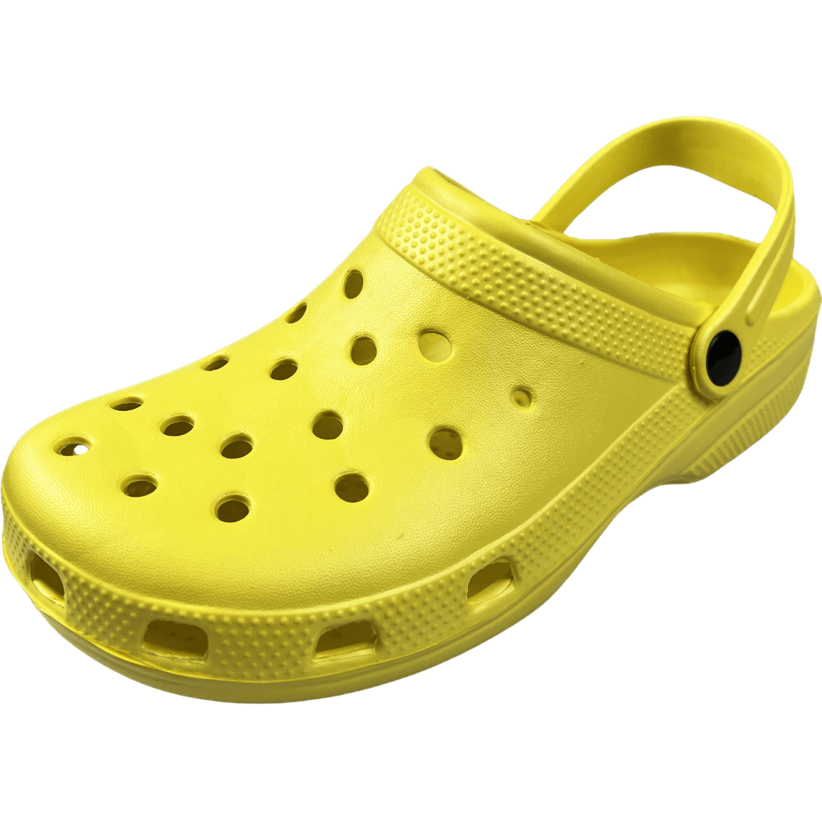Yellow off-road clogs with ventilation holes and adjustable heel strap for outdoor comfort and durability.
