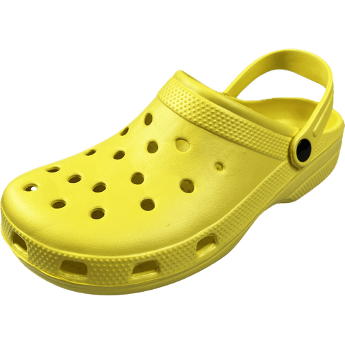 Yellow off-road clogs with ventilation holes and adjustable heel strap for outdoor comfort and durability.
