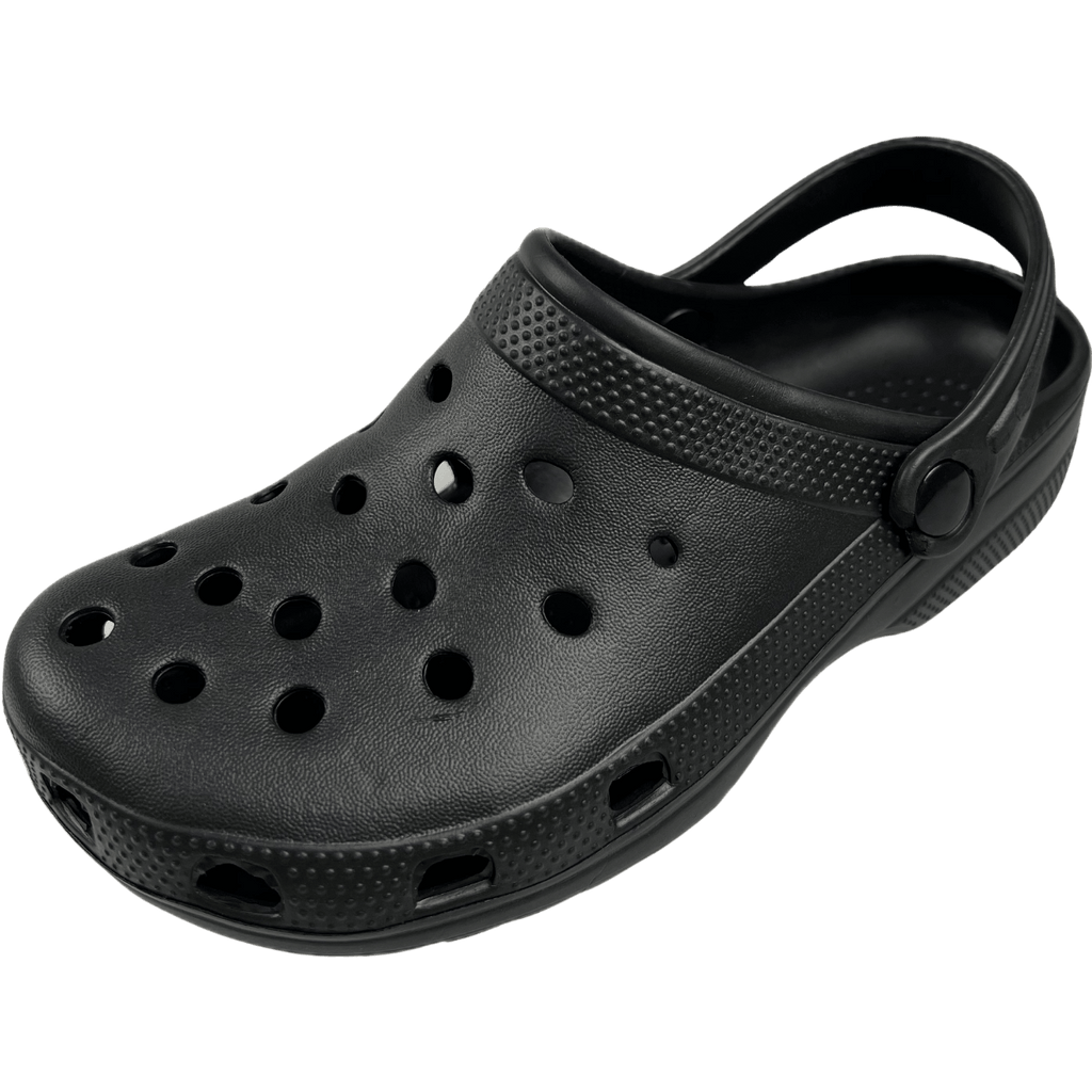 Black off-road clogs with ventilation holes and adjustable heel strap for outdoor comfort and durability