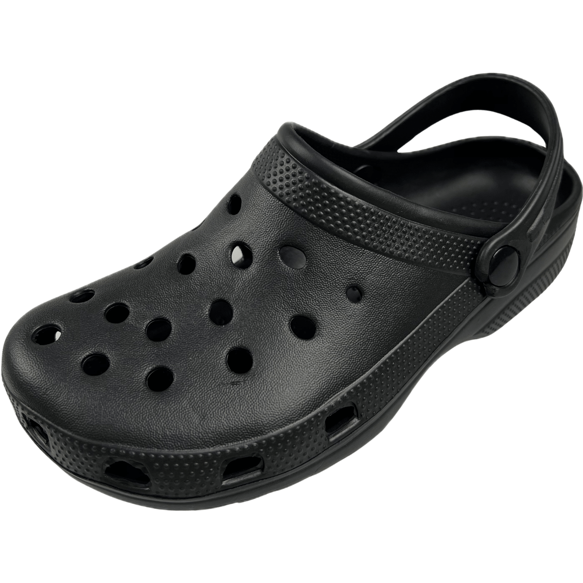 Black off-road clogs with ventilation holes and adjustable heel strap for outdoor comfort and durability