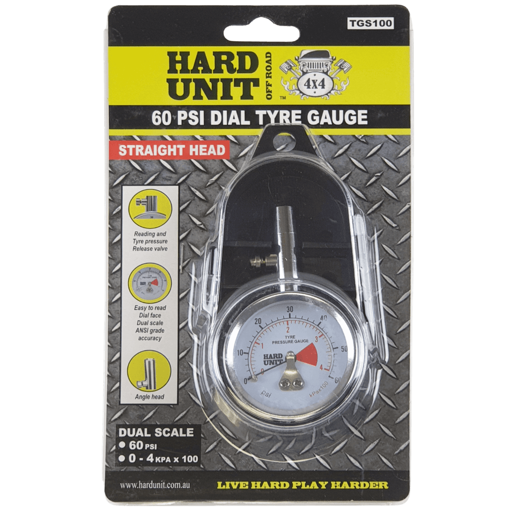 60psi Dial Tyre Gauge with straight head in packaging front-facing