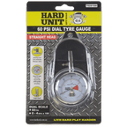 60psi Dial Tyre Gauge with straight head in packaging front-facing