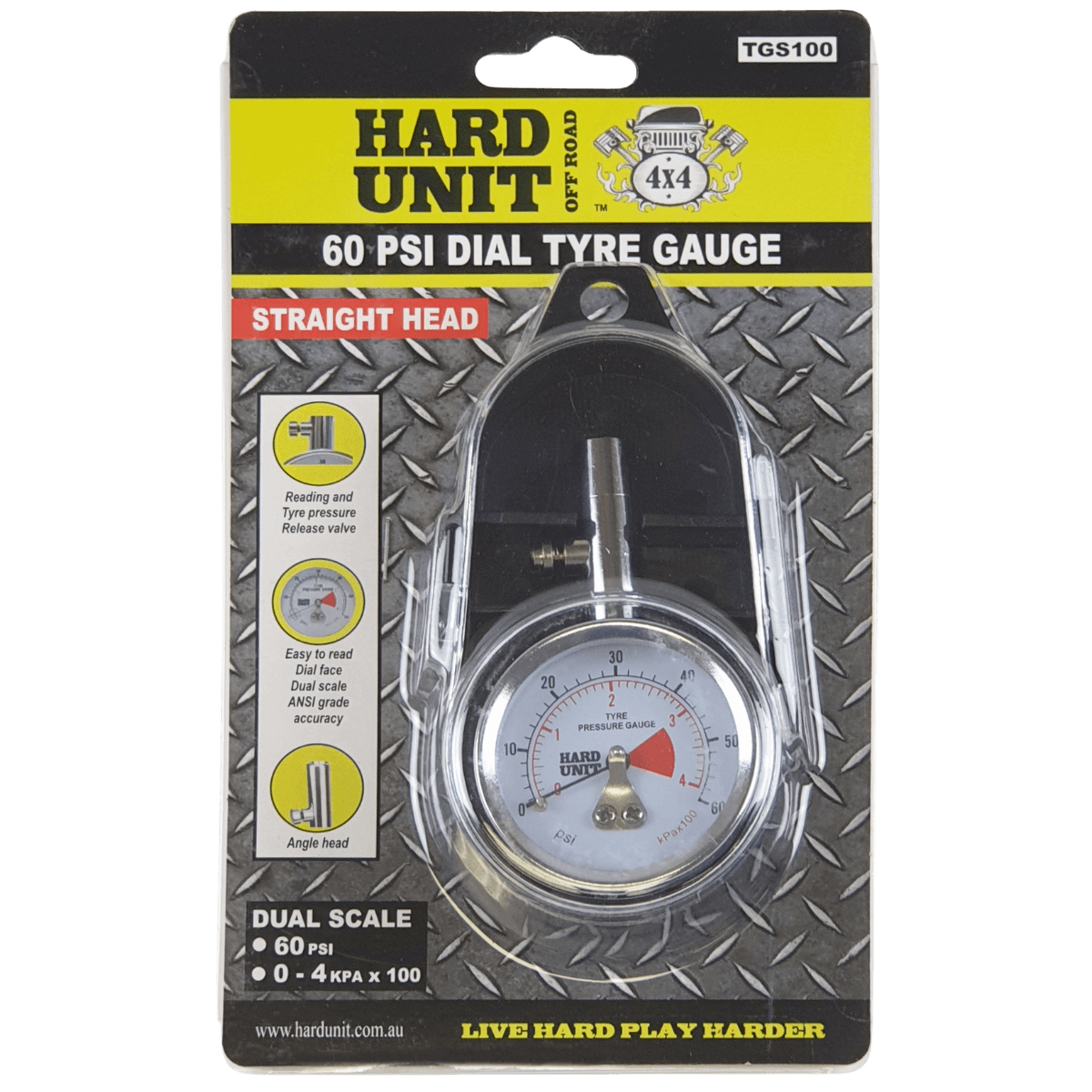 60psi Dial Tyre Gauge with straight head in packaging front-facing